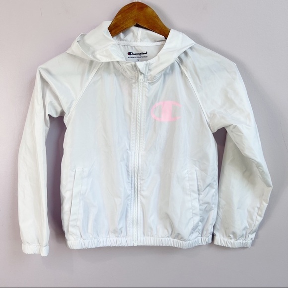 CHAMPION Girls White Hooded Logo Windbreaker Rain Jacket Pastel Logo Small - Picture 1 of 14